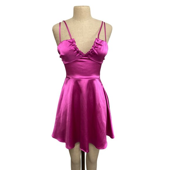 Speechless Womens Fuchsia Satin Fit Flare Mini Dress With Double Straps Size 5 - Picture 2 of 11